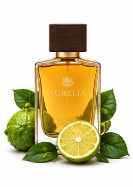 House of Solace Bergamot perfume bottle styled with sliced fresh bergamot citrus and green leaves on a dark tray.