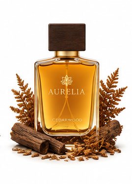 House of Solace Cedarwood luxury perfume bottle with custom dark wooden cap resting on raw wood bark and cedar shavings.