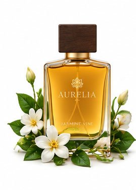 House of Solace Jasmine Vine perfume bottle with printed gold lettering, surrounded by fresh white jasmine blossoms on a dark slate background.